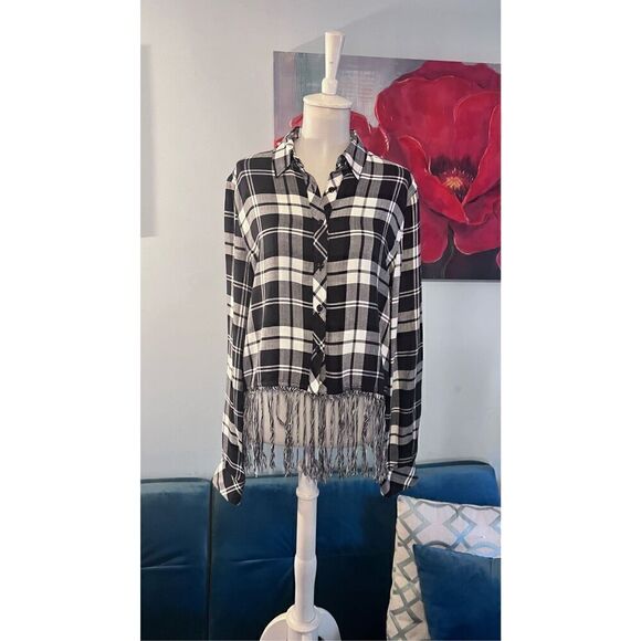 AQUA BLACK PLAID BUTTON DOWN FRINGE TRIM WOMENS SIZE M - Picture 2 of 10